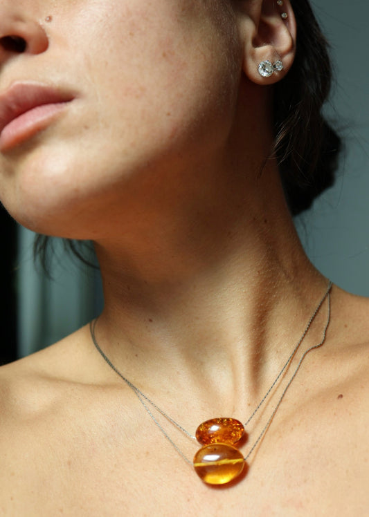 cognac amber necklace, silver