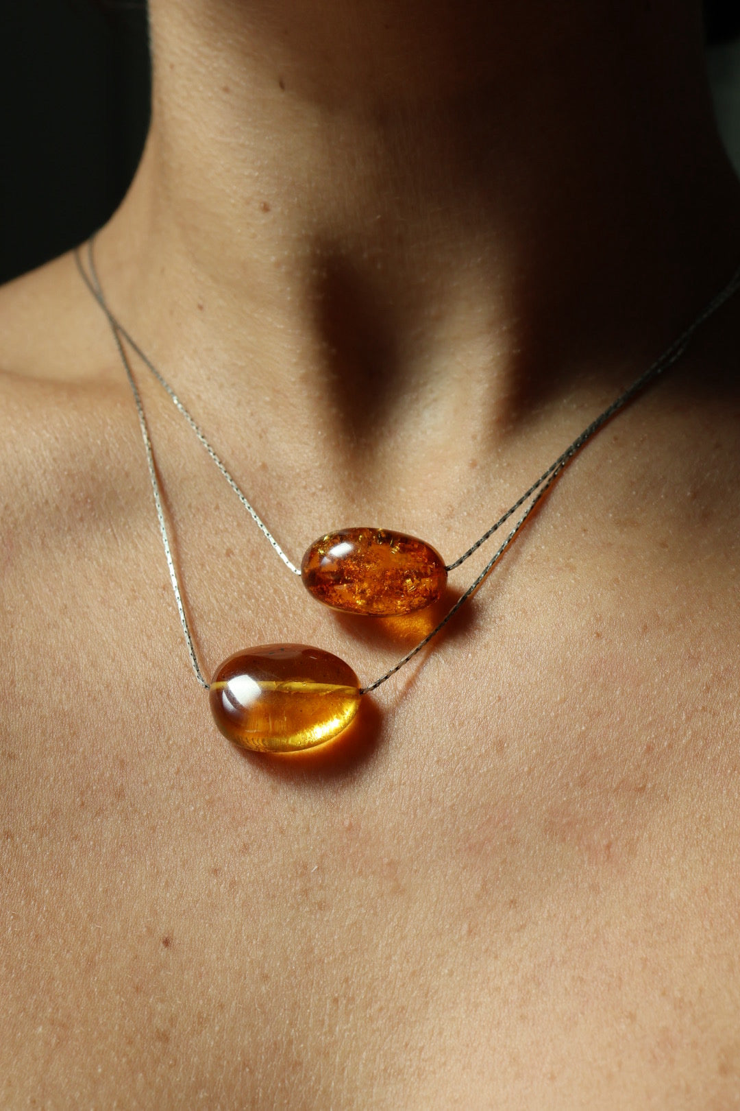 cognac amber necklace, silver