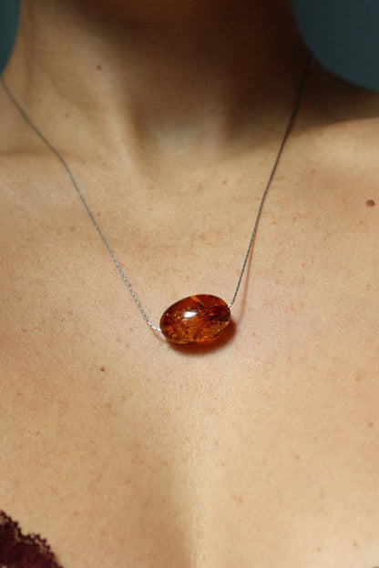 cognac amber necklace, silver
